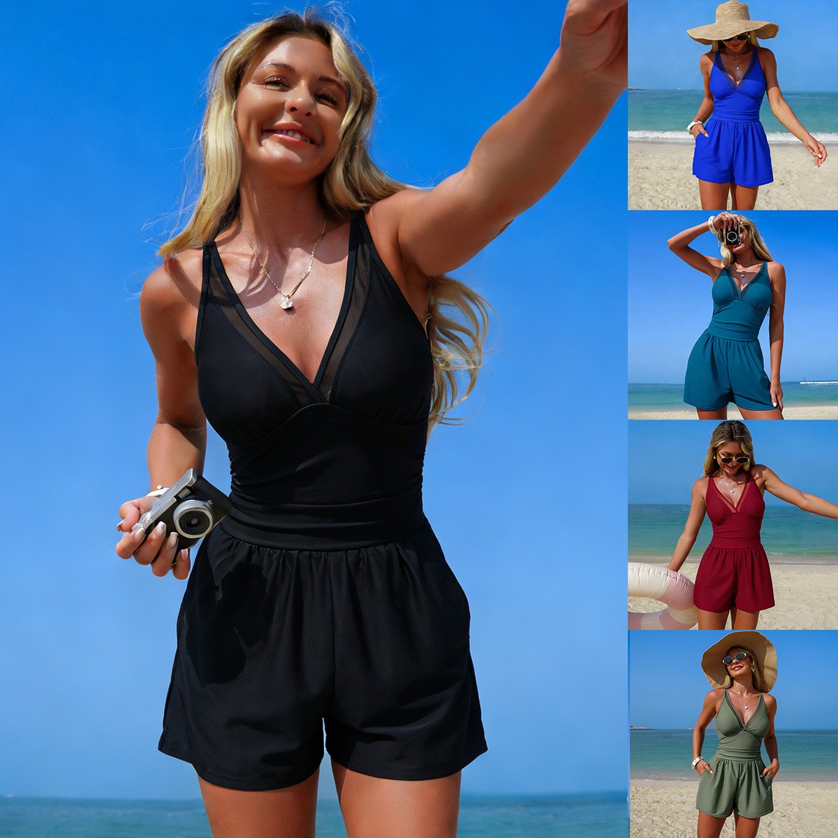 Swimwear - Zwart effenkleurig mouwloos badpak met V-hals