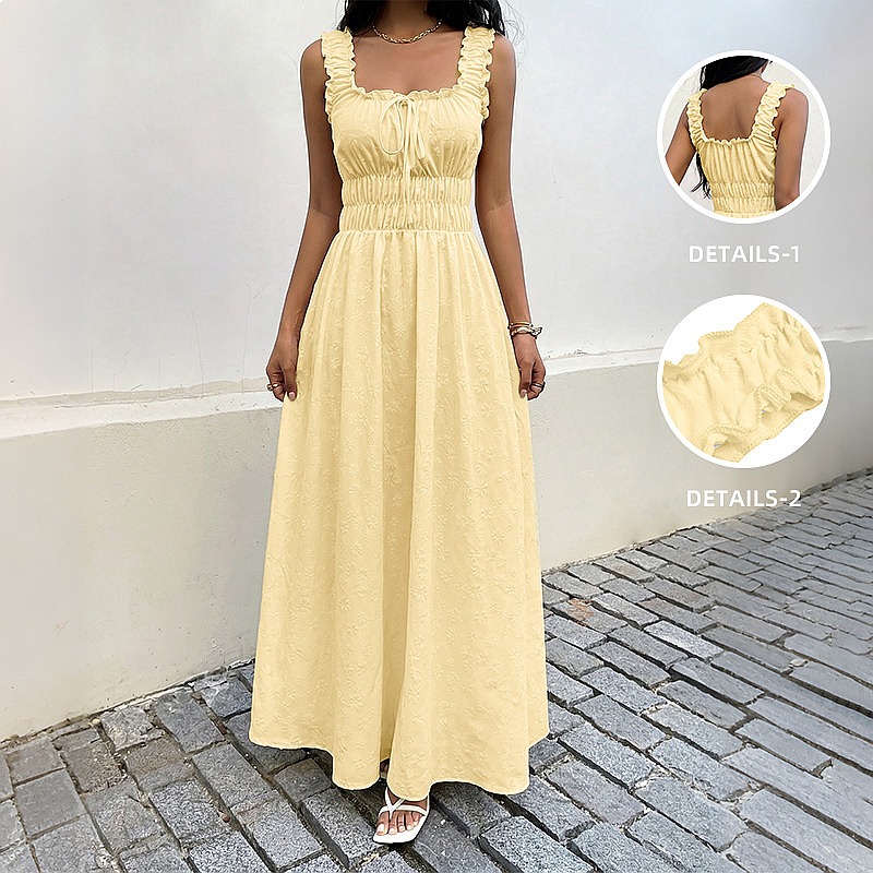 Boho Summer Beach Maxi Dress - Zomerjurk zonder mouwen met vierkante halslijn,