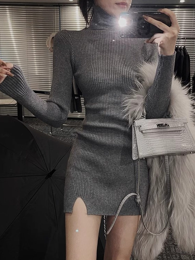 Dames Bodycon Mini Gebreide Ju - Bodycon Long Sleeve Ribbed Dress recensie en prijs