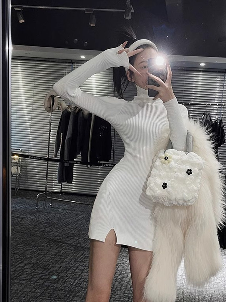 Dames Bodycon Mini Gebreide Ju - Bodycon Long Sleeve Ribbed Dress recensie en prijs