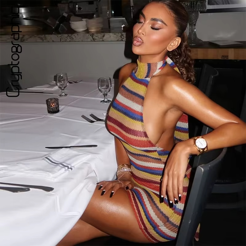 Gestreepte gebreide halter min - Y2K Backless Halter Mini Dress recensie en prijs