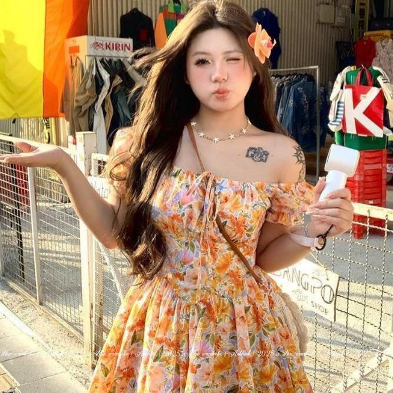 2026 nieuwe oranje bloemenprin - Off Shoulder Puff Sleeve Sundress recensie en prijs