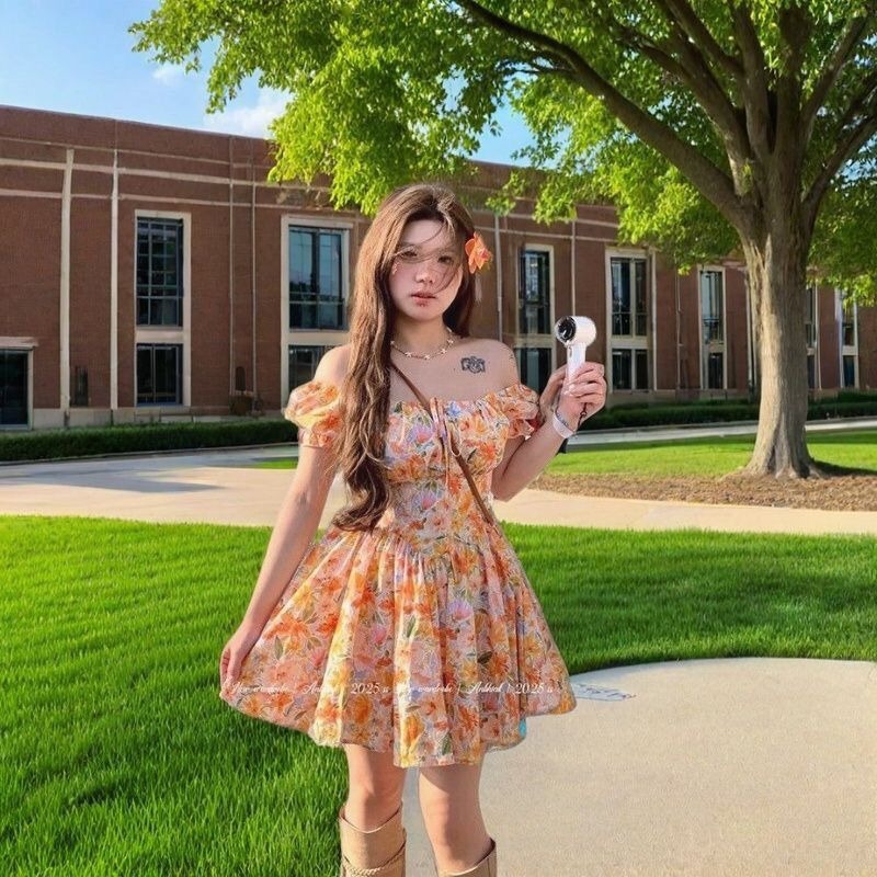 2026 nieuwe oranje bloemenprin - Off Shoulder Puff Sleeve Sundress recensie en prijs