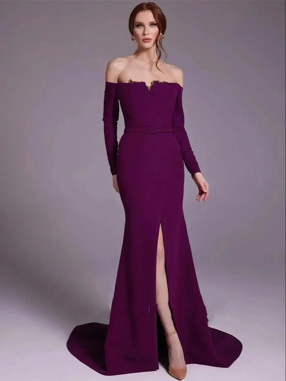 Elegante Paarse Satijnen Off-T - Elegant Satin Evening Gown Split recensie en prijs